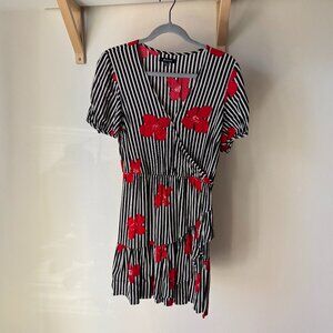 Madewell Ruffle-Wrap Dress in Candied Orchids - stripe red, black and white